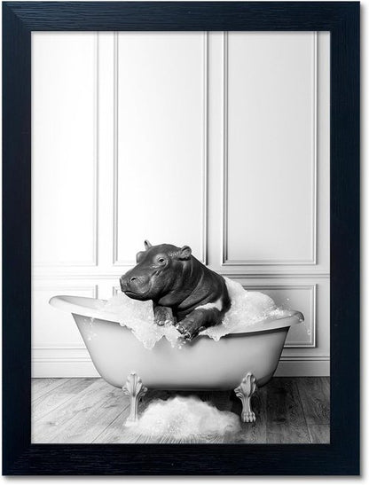 Funny Hippo in Bathtub Wall Art - Black and White Bathroom Decor | Framed Canvas Print