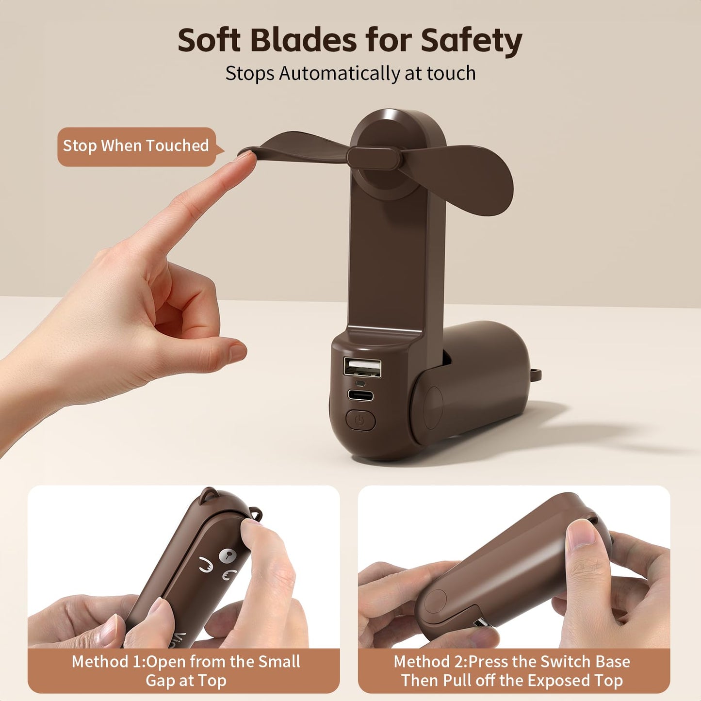 VigorLife Mini Handheld Fan,USB Rechargeable 3 IN 1 Personal Cooler Fans with Power Bank,LED Flashlight,Small Foldable Portable Pocket Fan-Travel & Emergency Essentials for Outdoor Brown