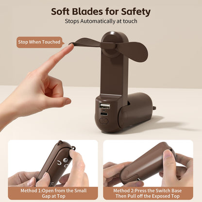 VigorLife Mini Handheld Fan,USB Rechargeable 3 IN 1 Personal Cooler Fans with Power Bank,LED Flashlight,Small Foldable Portable Pocket Fan-Travel & Emergency Essentials for Outdoor Brown