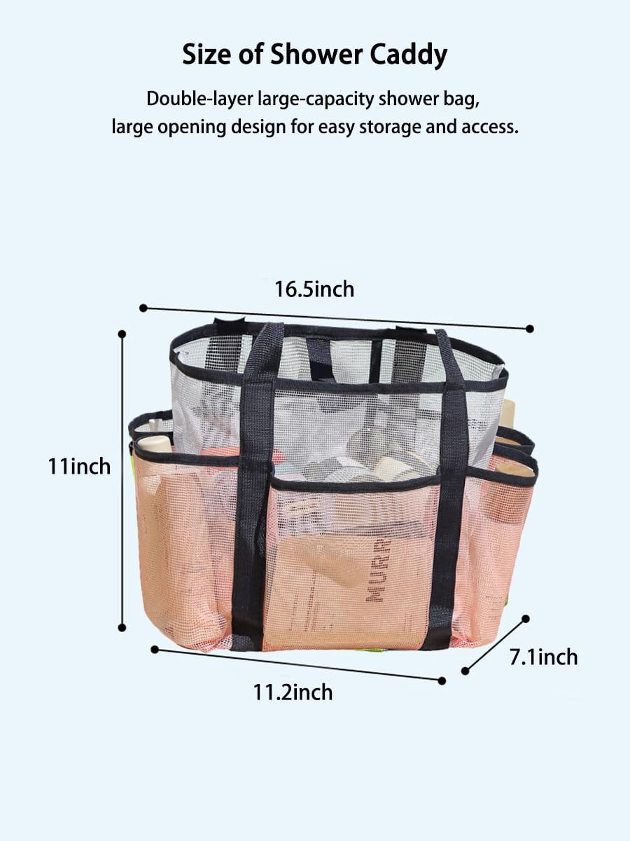 NAJIAKA Portable Mesh Shower Caddy Bag - Pink Organizer with 8 Pockets for College, Beach, Gym & Travel