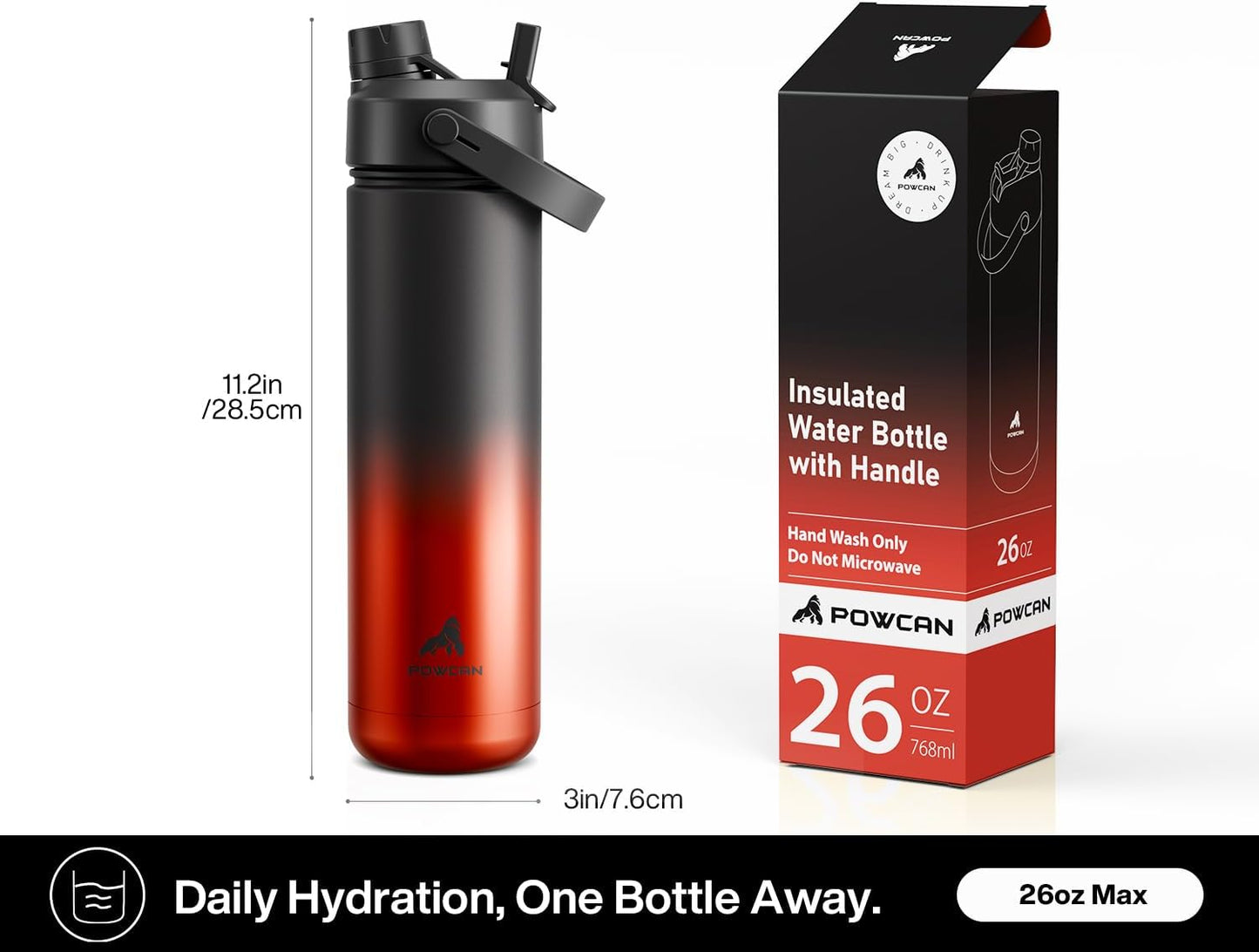 POWCAN 26 oz Insulated Water Bottle - 2-in-1 Straw & Spout Lid, Leak-Proof, Fits Car Cup Holder
