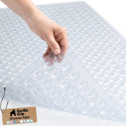 GORILLA GRIP Patented Bath Tub Shower Mat, Machine Washable Bathtub Floor Liner Mats, Suction Cups and Drain Holes to Keep Tubs Clean, Soft on Feet, Bathroom Essentials, 35x16 Inch, Clear