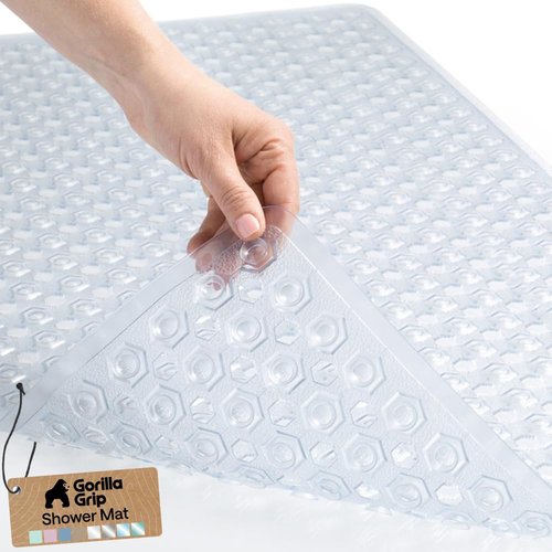 GORILLA GRIP Patented Bath Tub Shower Mat, Machine Washable Bathtub Floor Liner Mats, Suction Cups and Drain Holes to Keep Tubs Clean, Soft on Feet, Bathroom Essentials, 35x16 Inch, Clear