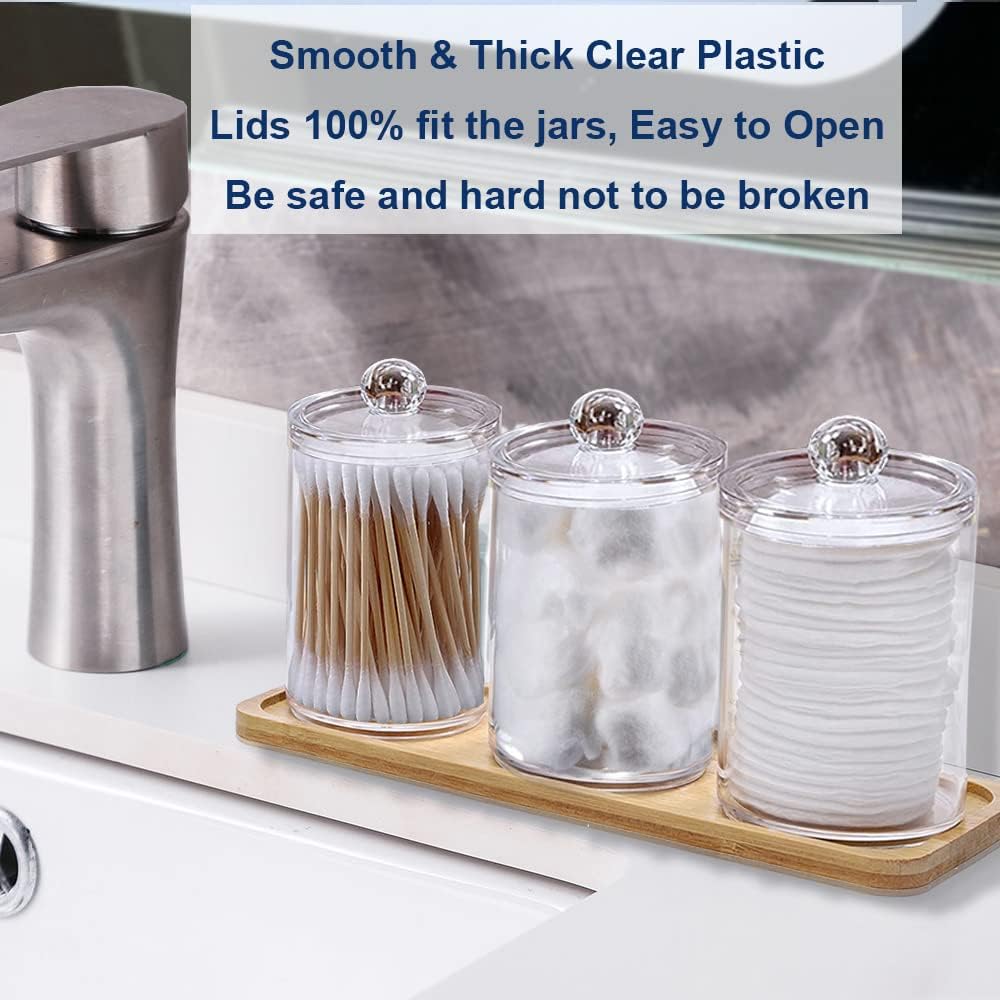 Qtip Holder Dispenser - 4 Pack Clear Plastic Apothecary Jar Set for Cotton Balls & Swabs | Bathroom Storage Organizer