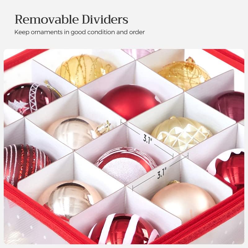 SONGMICS Christmas Ornament Storage Box - Holds 128 3-Inch Balls | 8 Trays, Dual Zippers, Cherry Red