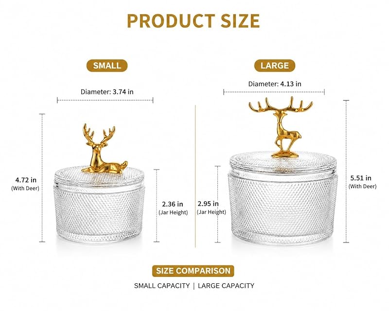 Christmas Reindeer Glass Candy Jars with Lids - Set of 2 Crystal Diamond-Cut Jars