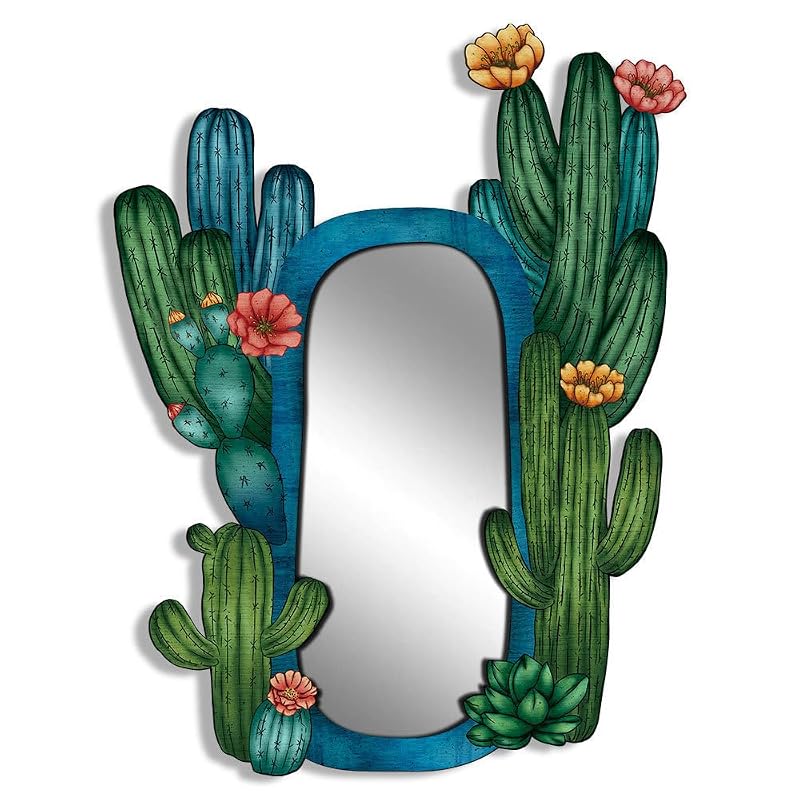 11.8in Wood Wall Mirror (Cactus) — Rustic Natural Wood Frame, Horizontal or Vertical Mount