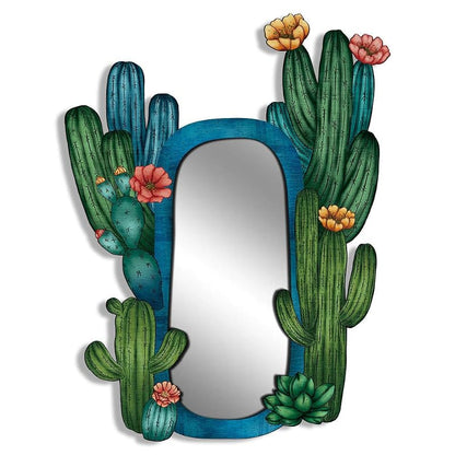 11.8in Wood Wall Mirror (Cactus) — Rustic Natural Wood Frame, Horizontal or Vertical Mount