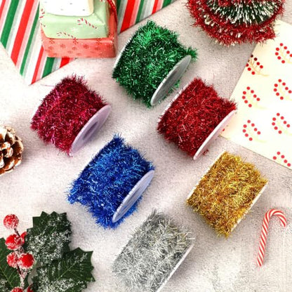 Christmas Tinsel Garland Set - 6 Rolls, 98.4 ft Holiday Decor