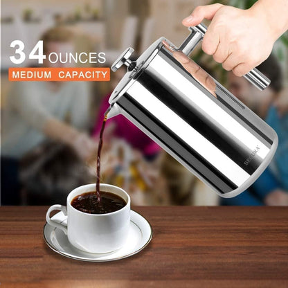 Secura French Press Coffee Maker - 304 Grade Stainless Steel Insulated Design | 34oz (1 Litre), Silver
