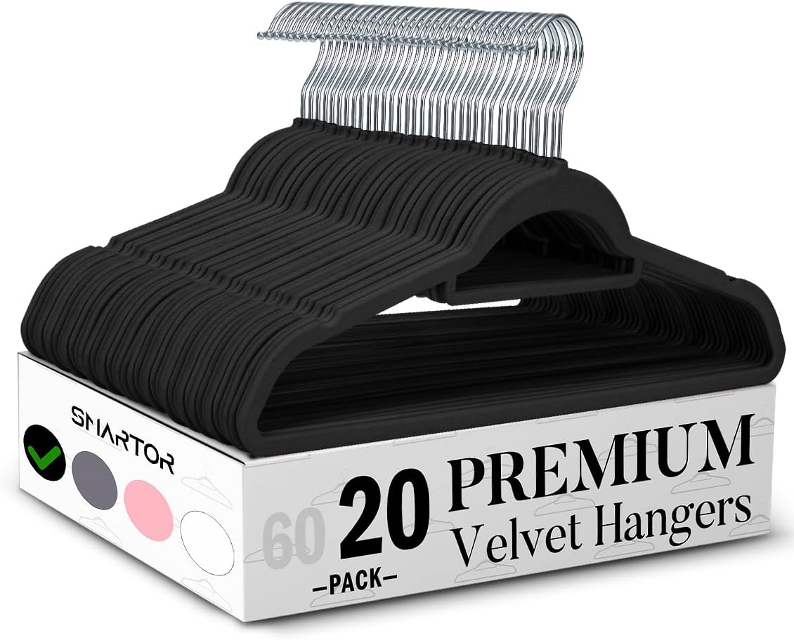 Smartor Black Velvet Hangers - 20 Pack Non-Slip Space-Saving Clothes Hangers with Tie Bar & Shoulder Notches
