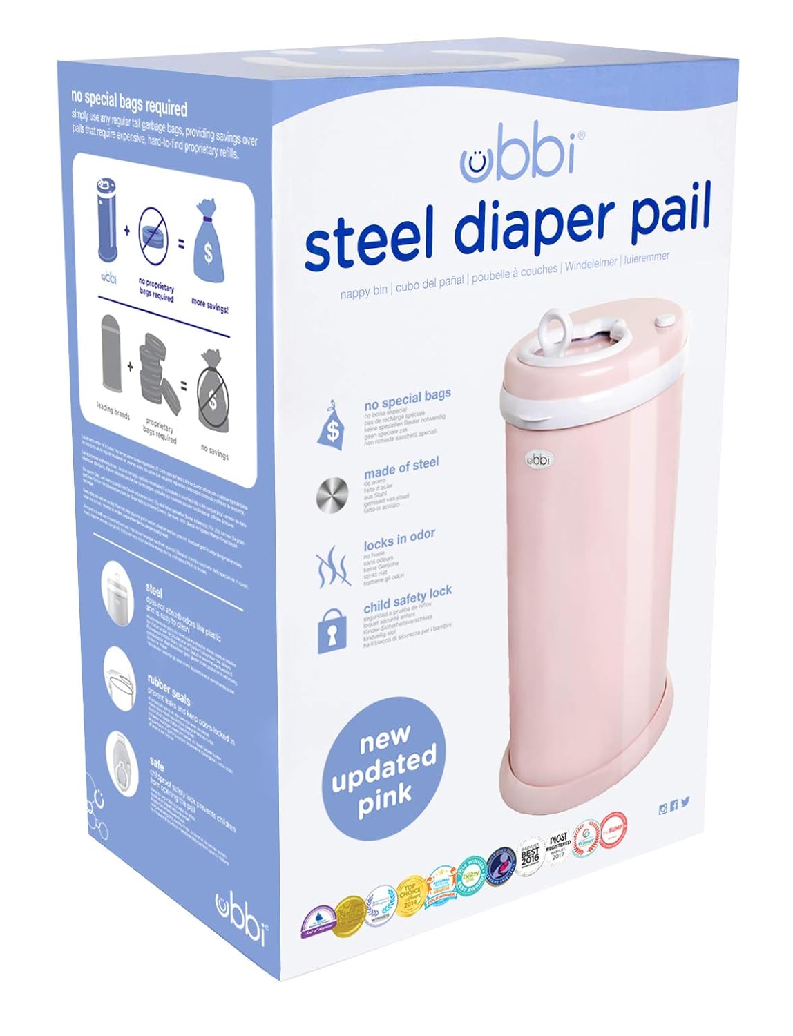 Ubbi Steel Diaper Pail - Odor Locking Design, No Special Bags Needed | Award-Winning, Blush Pink
