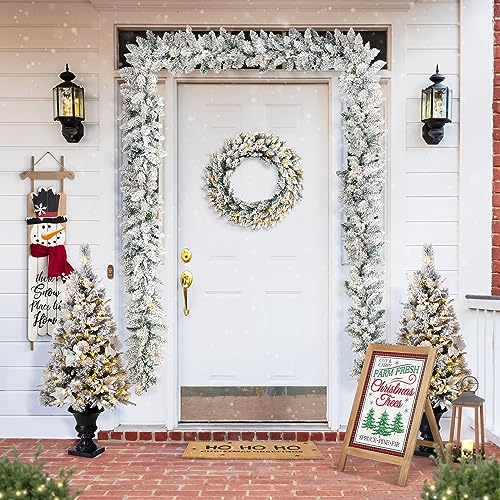 Snow Flocked Christmas Garland 9ft with Warm White LED Lights & Timer - Indoor Outdoor Decor