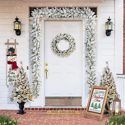 Snow Flocked Christmas Garland 9ft with Warm White LED Lights & Timer - Indoor Outdoor Decor