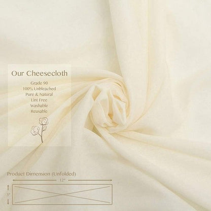 Grade 90 Cheesecloth by [Brand Name] - Ultra Fine 100% Unbleached Cotton Fabric, 36 Sq Ft for Cooking & Straining