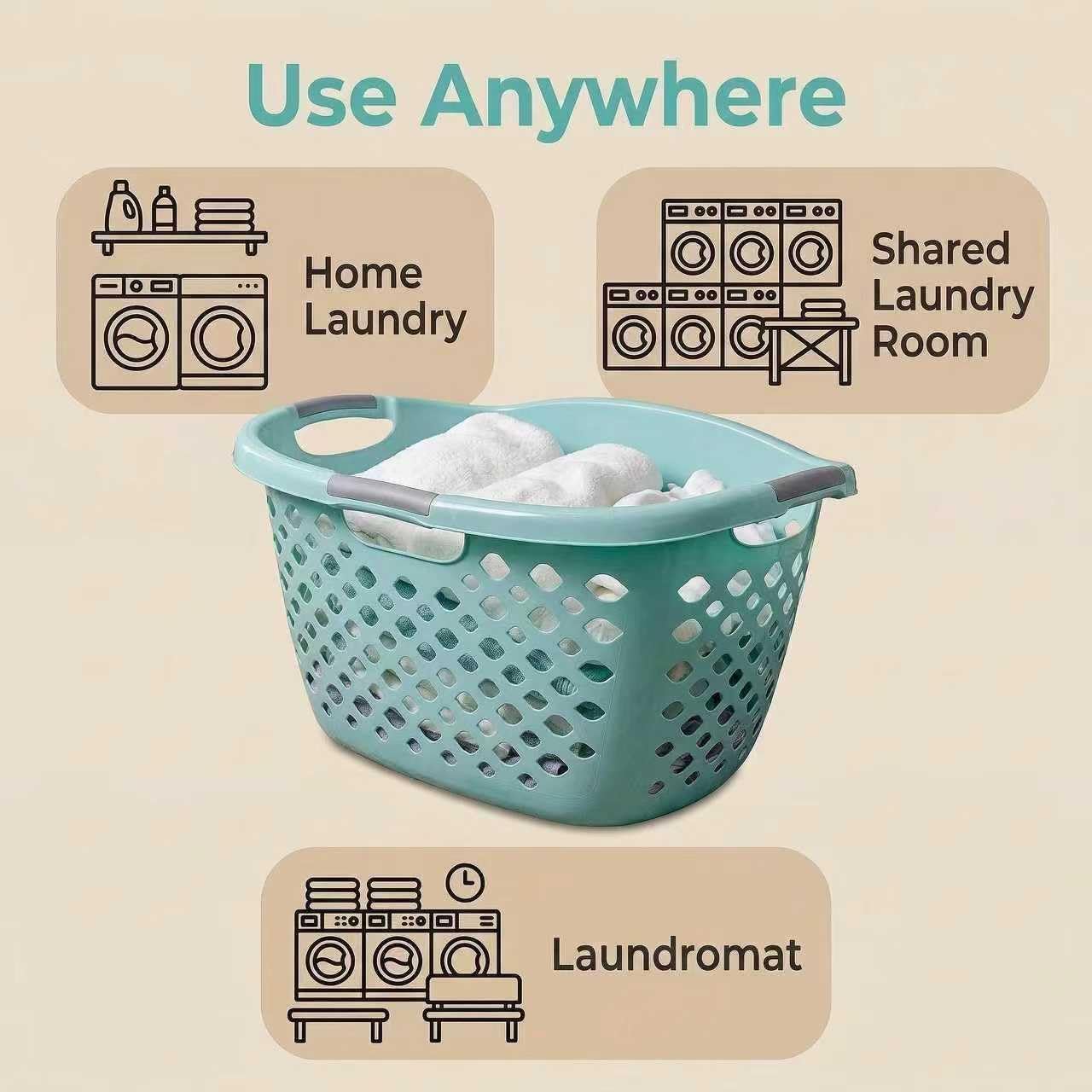 Skiennix 1.8 Bushel Hip Hugger Laundry Basket - Teal Flexible Plastic Hamper for Easy One-Hand Carry
