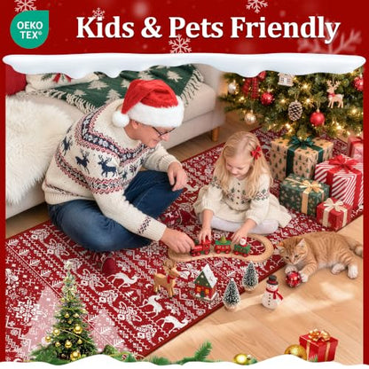 Christmas Runner Rug 2x10 ft Red Moroccan Style Washable Non-Slip Hallway Rug
