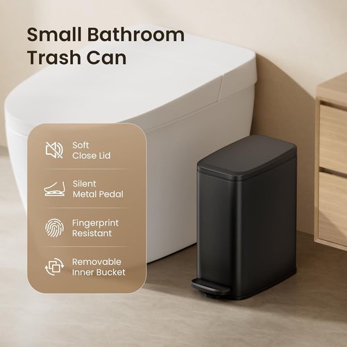 Cesun Stainless Steel Slim Trash Can - 6L Soft Close Lid & Foot Pedal | Black Wastebasket for Bathroom & Office