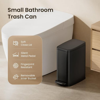 Cesun Stainless Steel Slim Trash Can - 6L Soft Close Lid & Foot Pedal | Black Wastebasket for Bathroom & Office