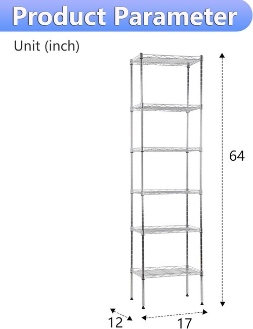 BestOffice | 6-Tier Wire Storage Shelves | Heavy-Duty Metal | 17x12x64 | Chrome Finish | Easy No-Tool Assembly