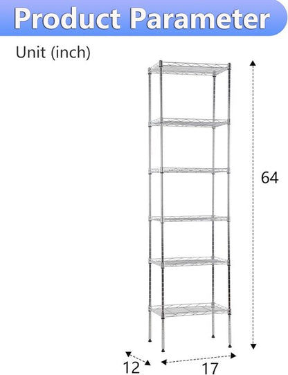 BestOffice | 6-Tier Wire Storage Shelves | Heavy-Duty Metal | 17x12x64 | Chrome Finish | Easy No-Tool Assembly