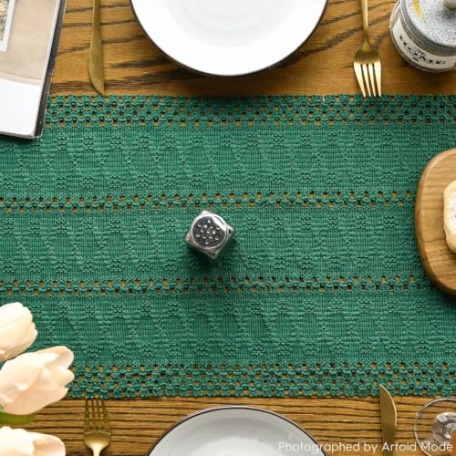 Dark Green Woven Farmhouse Table Runner 12x72 Inch - Durable Home Decor