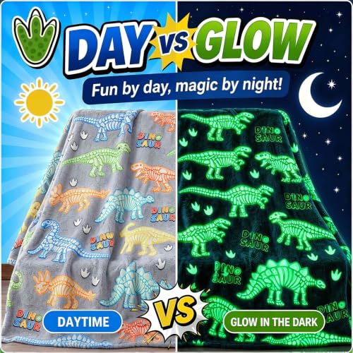 Dinosaur Glow in the Dark Blanket for Boys 50x60 Inches - Kids Bed & Travel Throw
