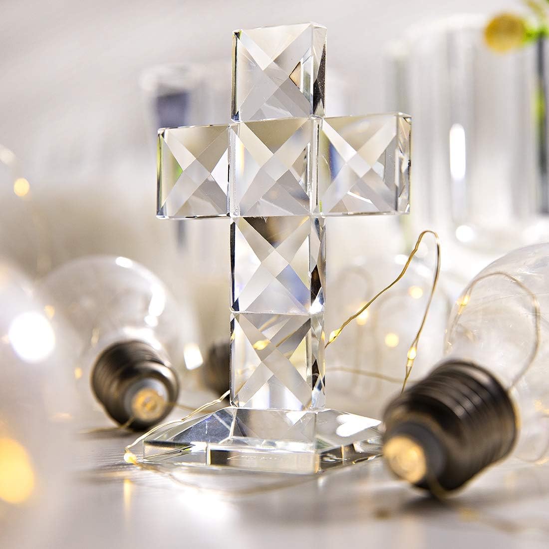 QFkris Crystal Standing Cross - 5'' Tall Clear Glass Tabletop Figurine | Christian Decor Gift