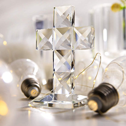 QFkris Crystal Standing Cross - 5'' Tall Clear Glass Tabletop Figurine | Christian Decor Gift
