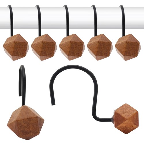 Decorative Shower Curtain Hooks, Wood Shower Curtain Rings, Modern Polygon Wood Shower Curtain Hangers, 12PCS Shower Hooks for Shower Curtain Rod, Bathroom, Bedroom, Living Room (Black)