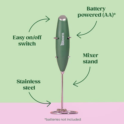 Bloom Nutrition Milk Frother, Hand Mixer, Electric, Handheld Drink Stirrer, Frothing Wand, Foam Maker for Coffee, Matcha, Protein, Greens, Stainless Steel, Battery Operated, Includes Whisk Stand