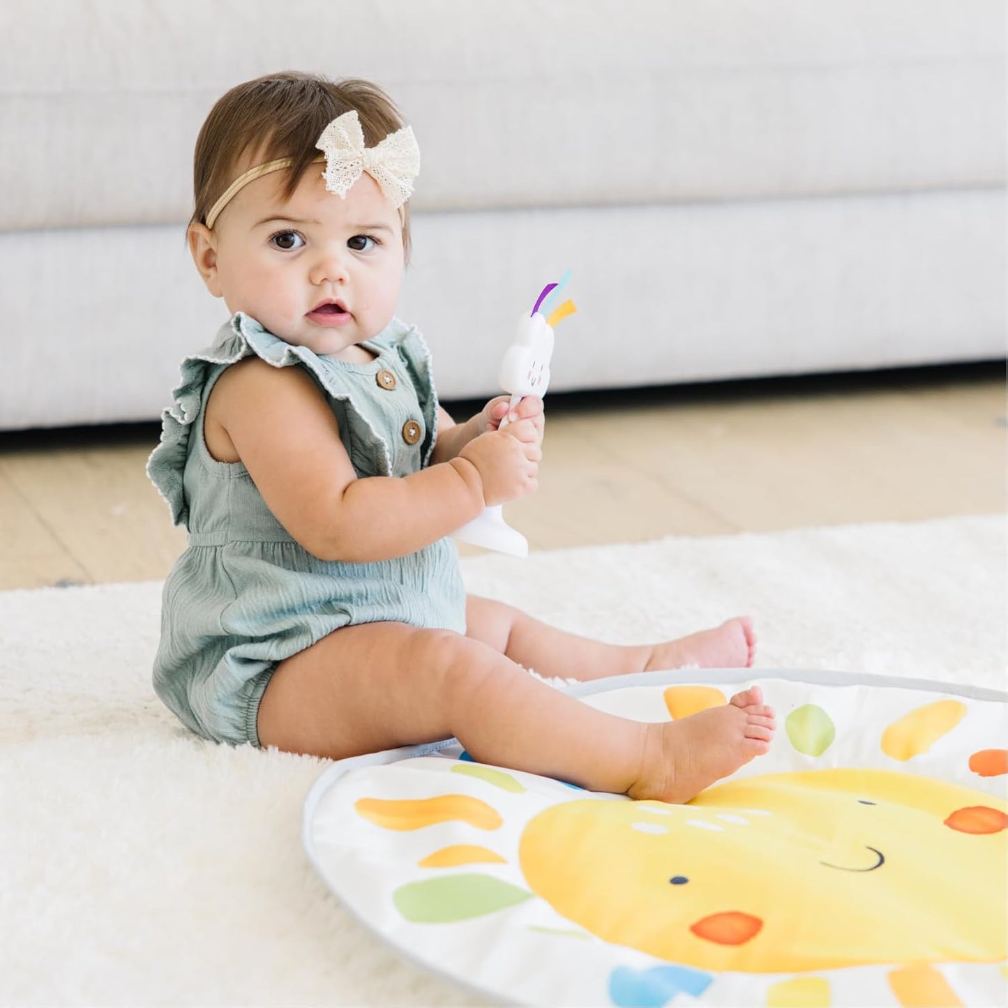 Move2Play 4-in-1 Baby Activity Center - Montessori Design with 8 Interactive Toys | Tummy Time, Exersaucer & Toddler Table | Perfect Gift for 3-12 Months (Sun)