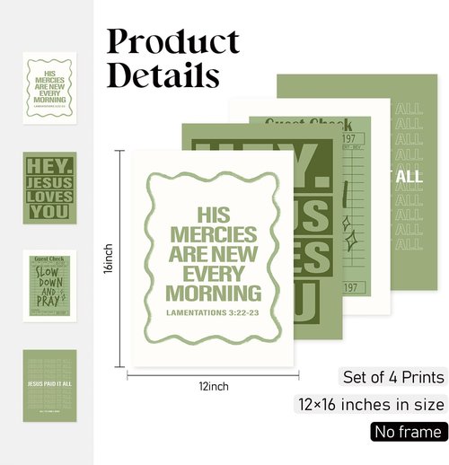 Locomiss Wall Art Decor | Sage Green Christian Posters Set of 4 for College Dorms & Bedrooms (12x16 Unframed)