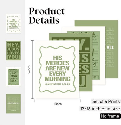 Locomiss Wall Art Decor | Sage Green Christian Posters Set of 4 for College Dorms & Bedrooms (12x16 Unframed)