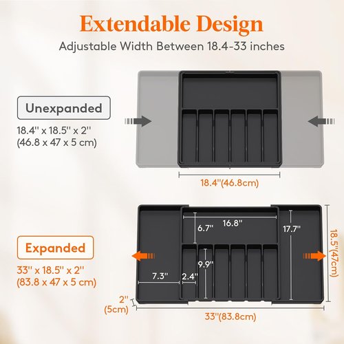 Lifewit Silverware Drawer Organizer, Expandable Utensil Tray for Kitchen, BPA Free Flatware and Cutlery Holder, Adjustable Plastic Storage for Spoons Forks Knives, 18- 33 x 18.5", Black