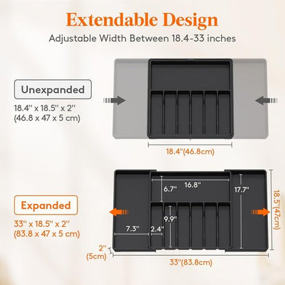 Lifewit Silverware Drawer Organizer, Expandable Utensil Tray for Kitchen, BPA Free Flatware and Cutlery Holder, Adjustable Plastic Storage for Spoons Forks Knives, 18- 33 x 18.5", Black