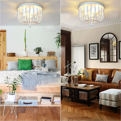 SUNOVO Beaded Chandelier Light Fixture, Boho Light Fixtures Ceiling White, Wood Bead Flush Mount Ceiling Light, 3-Lights Bead Ceiling Lights for Bedroom, Dining Room, Hallway, Nursery Lighting