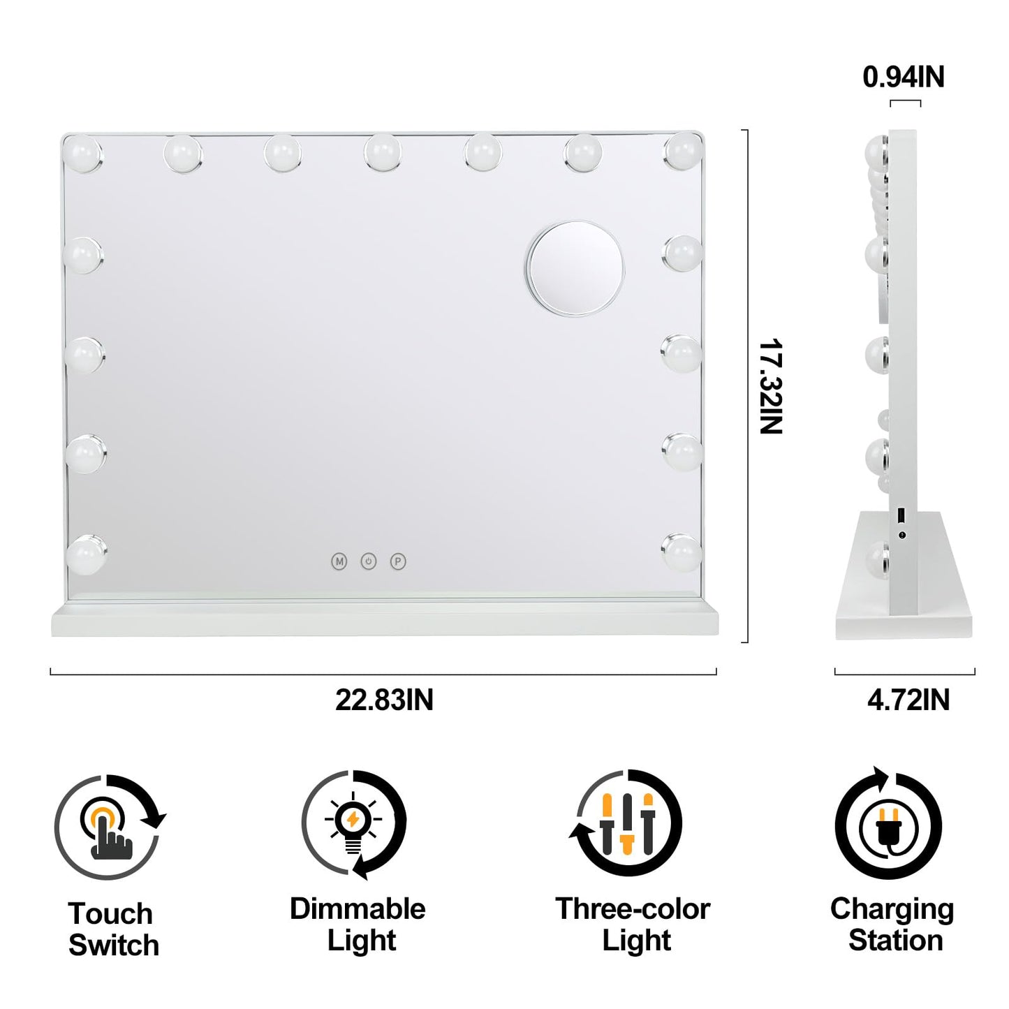 Depuley Vanity Mirror with Lights, 23In Hollywood Large Lighted Makeup Mirror with Smart Touch Control Screen & USB-Powered 15 Dimmable LED Lights for Dressing Room, Bedroom, Tabletop, White