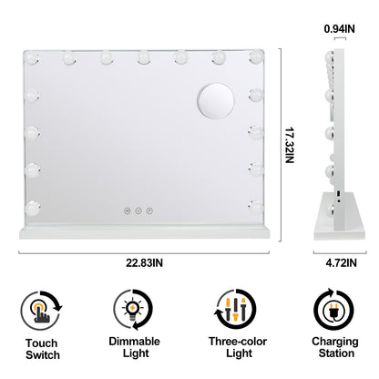 Depuley Vanity Mirror with Lights, 23In Hollywood Large Lighted Makeup Mirror with Smart Touch Control Screen & USB-Powered 15 Dimmable LED Lights for Dressing Room, Bedroom, Tabletop, White