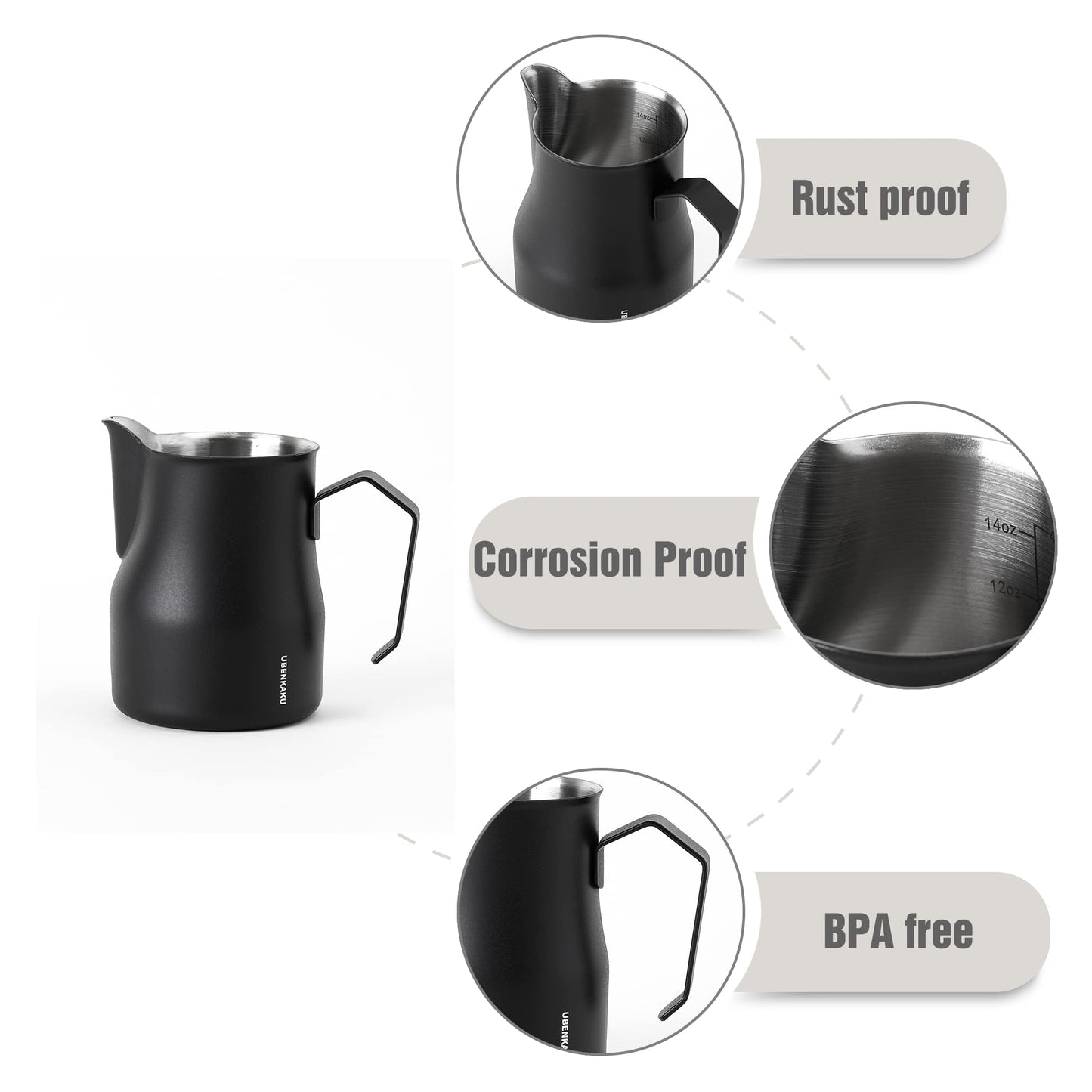 Milk Frothing Pitcher 10oz 14oz 300ml 470ml Steaming Pitchers 304 Stainless Steel Barista Cup Milk Jug Cup For Making Coffee Cappuccino Precision Latte Barista Art, Matte Finish (10 oz) Black