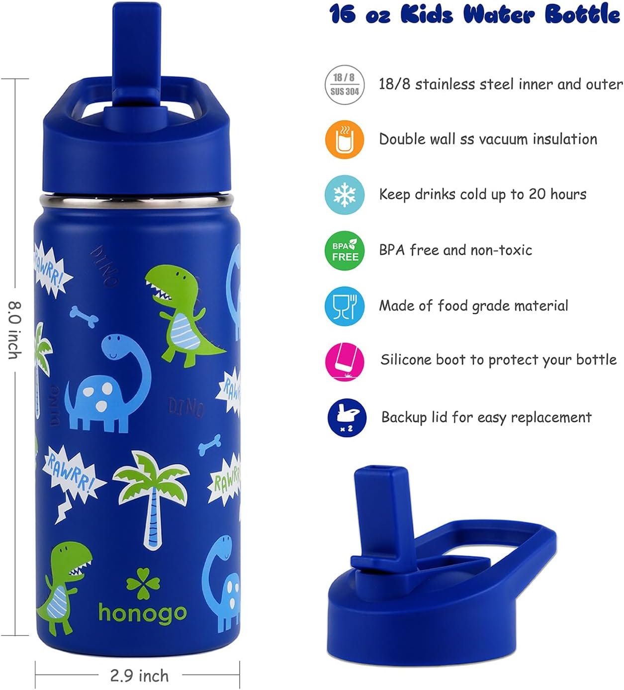 Skiennix 16 oz Stainless Steel Kids Water Bottle - Leak Proof Thermal Flask with Straw Lid | Cute Blue Dino Design for School