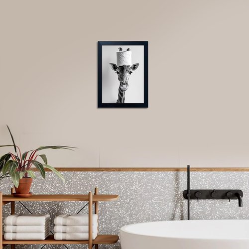 Giraffe Bathroom Wall Art | Funny Black and White Decor with Toilet Paper Roll | Framed Canvas Print