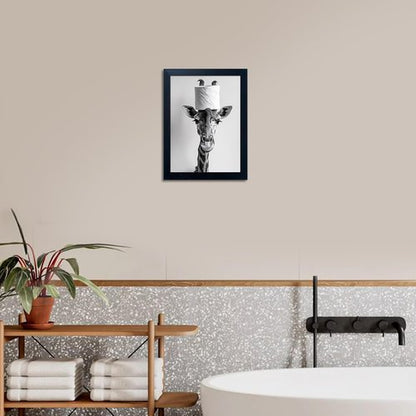Giraffe Bathroom Wall Art | Funny Black and White Decor with Toilet Paper Roll | Framed Canvas Print