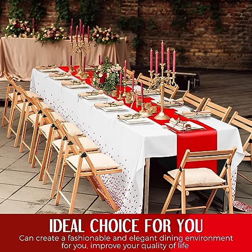 Tudomro 16 Pack White and Red Plastic Tablecloths with Satin Runners Set - Wedding Party Decor