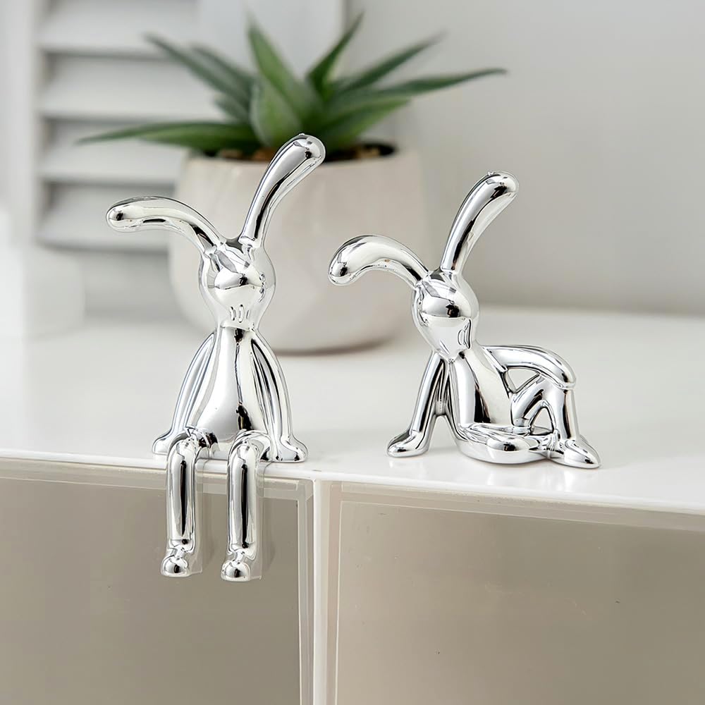 Skiennix Bunny Statue Decor - Elegant White & Gold Easter Sculpture | 2-Piece Modern Ornaments for Home & Office