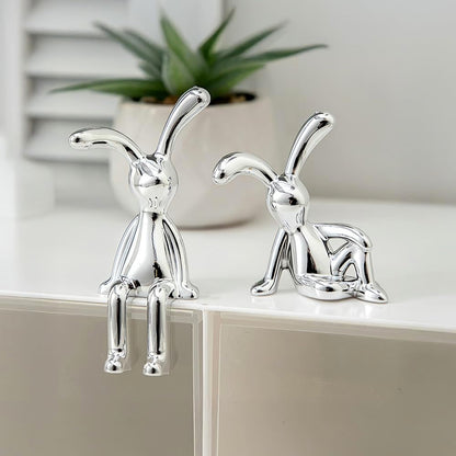Skiennix Bunny Statue Decor - Elegant White & Gold Easter Sculpture | 2-Piece Modern Ornaments for Home & Office