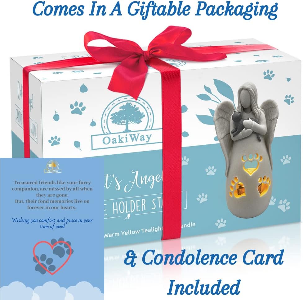 OakiWay Cat Memorial Gifts - Angel Candle Holder Figurine with Flickering LED Light | Sympathy Gifts for Cat Lovers