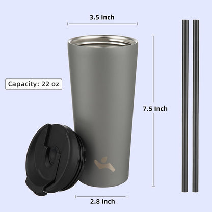 Skiennix 22 Oz Insulated Tumbler - Vacuum-Sealed Stainless Steel Travel Mug with Lid & Straws | Gray