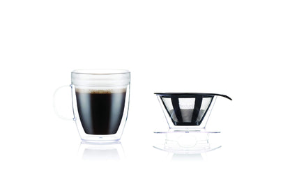 Bodum 12oz Pour Over Coffee Dripper Set w/ Double Wall Mug and Reusable Permanent Filter, Plastic, BPA-Free, Clear