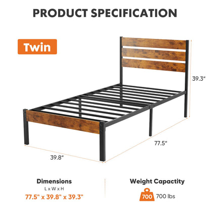 Sweetcrispy Twin Size Metal Platform Bed Frame - Mattress Foundation with Headboard and and Footboard, No Box Spring Needed with 700LBS Sturdy Wooden Slats Support, Noise Free, Easy Assembly